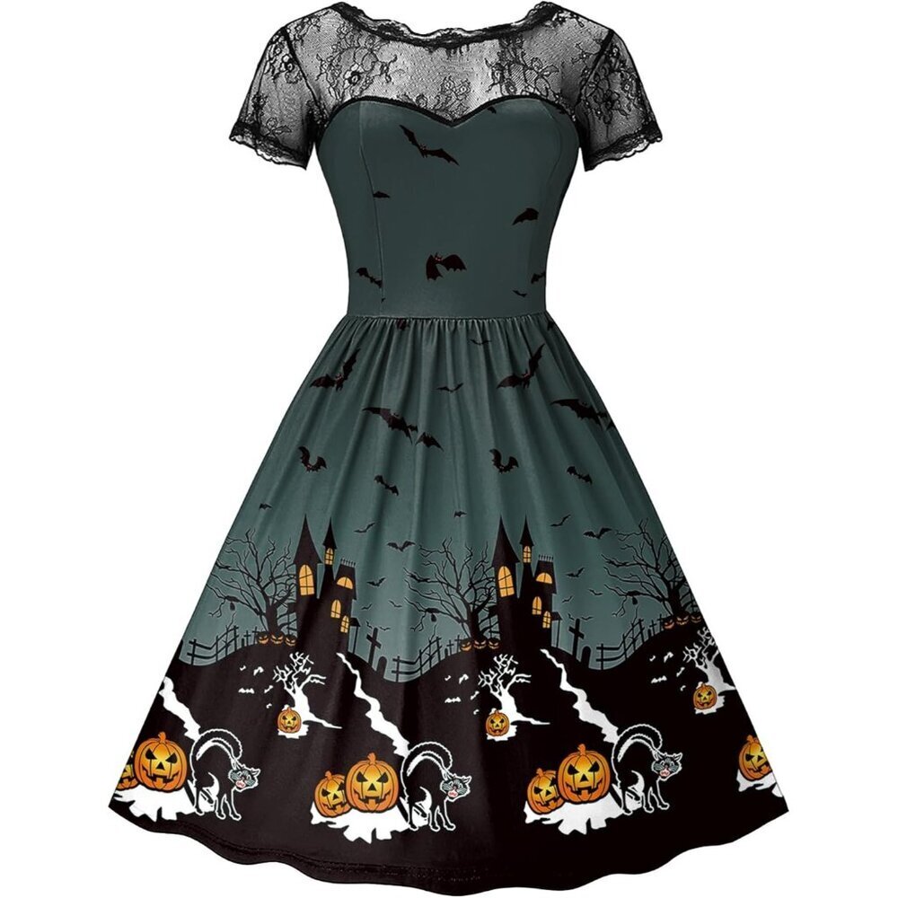 Womens Halloween Costume Lace Short Sleeves Swing Black Midi Dress